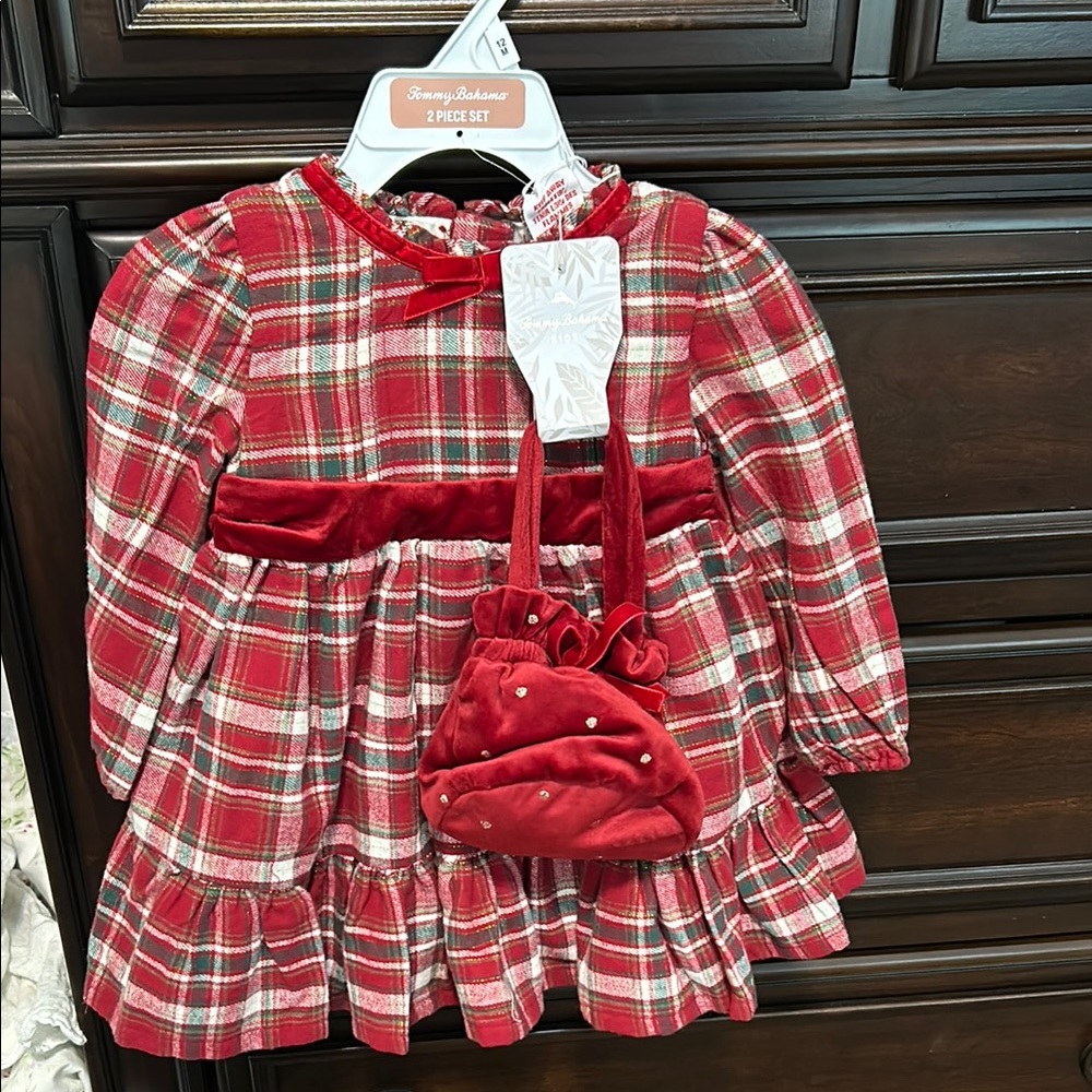 Bonnie Baby Red Plaid Dress with Velvet Bag